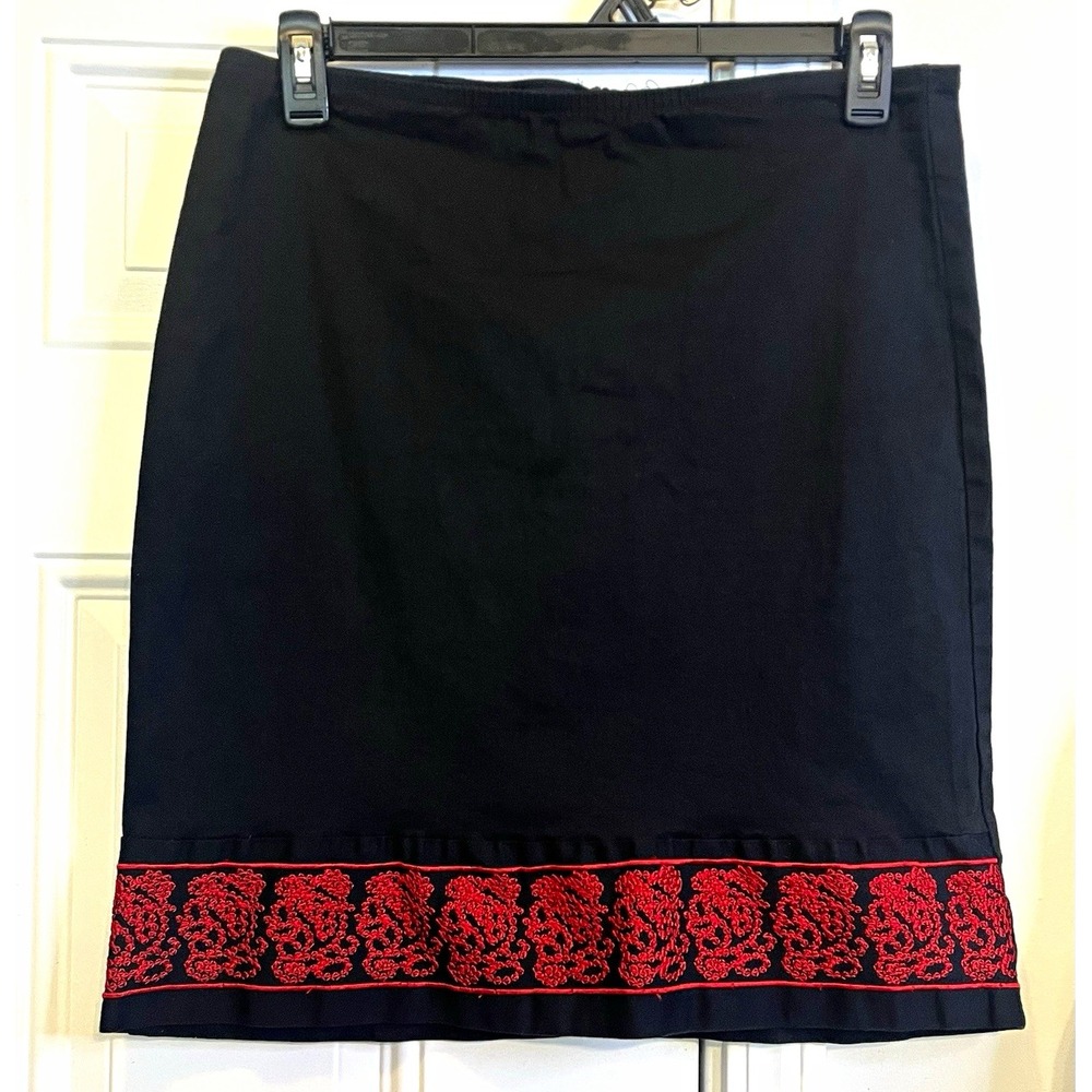 Vintage Dark Academia Invasion NY Black Red Embroidered Pencil Skirt Goth Sz 16